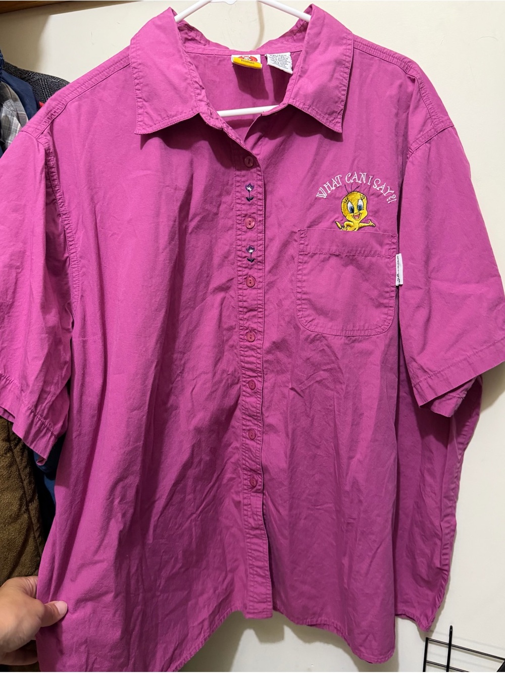 VTG 2001 Looney Tunes magenta tweety bird button up. Womens 26/28w. 3X/4X